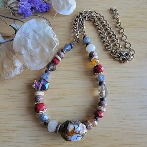 Artisan Beaded Necklace with Gold and Red Accents